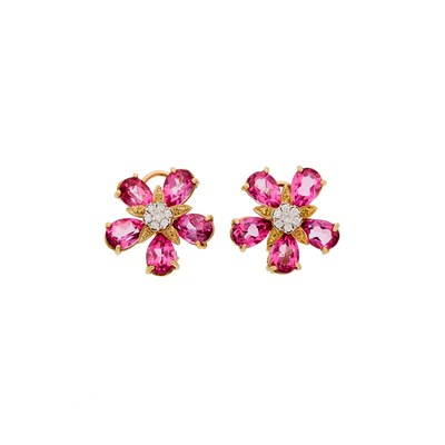 Lot 2078 - Pair of Two-Color Gold, Synthetic Pink Stone and Diamond Flower Earrings