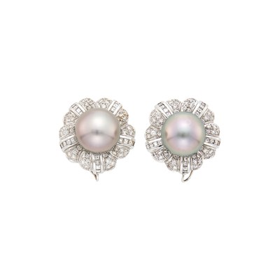 Lot 1115 - Pair of White Gold, Tahitian Gray Cultured Pearl and Diamond Flower Earclips