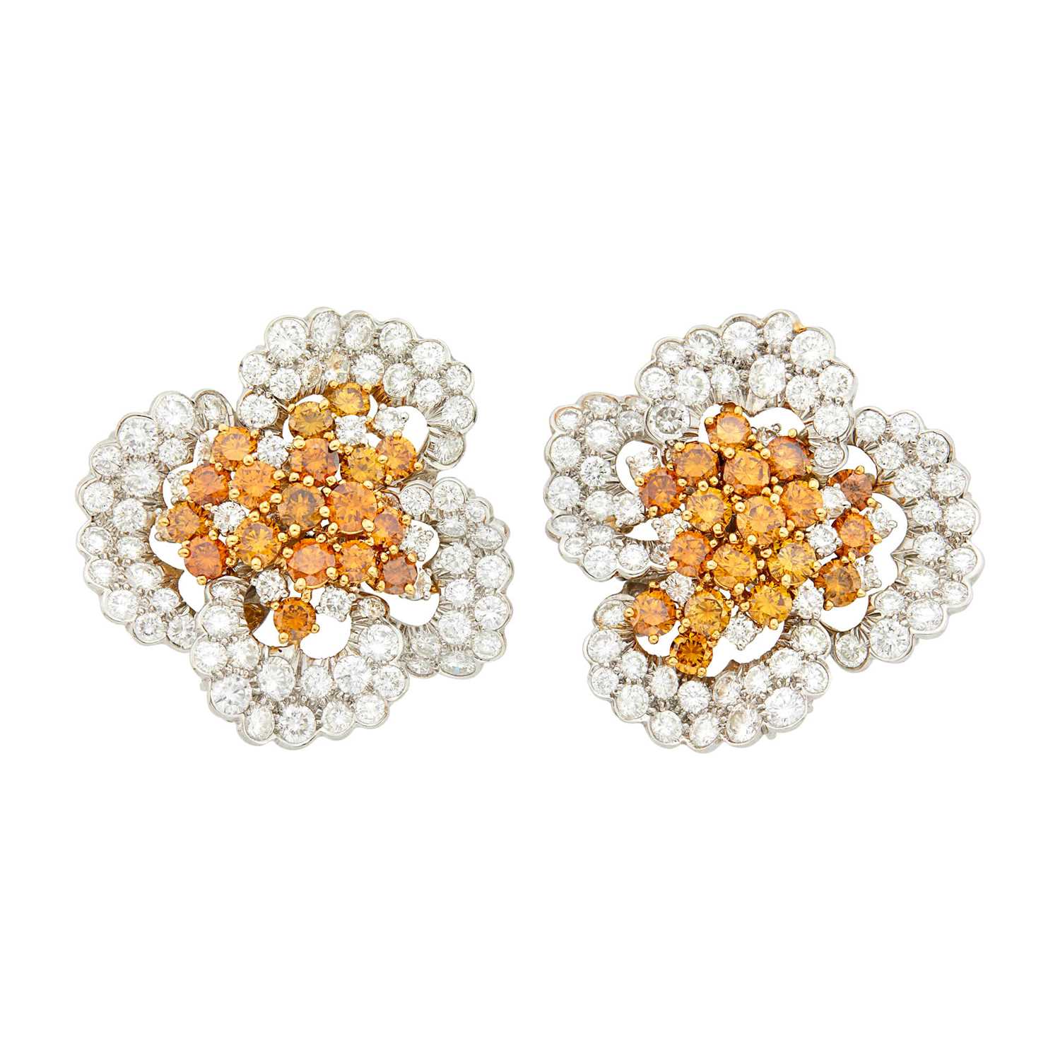 Lot 300 - Oscar Heyman & Brothers Pair of Platinum, Fancy Colored Diamond and Diamond Flower Earclips