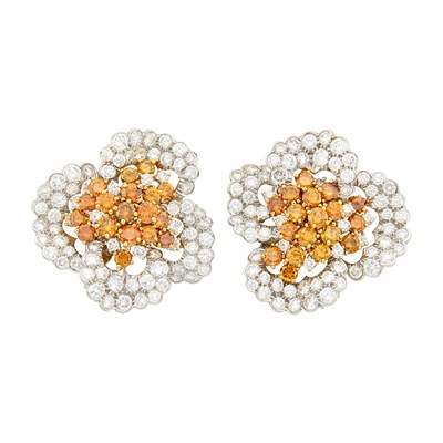Lot Oscar Heyman & Brothers Pair of Platinum, Colored Diamond and Diamond Flower Earclips