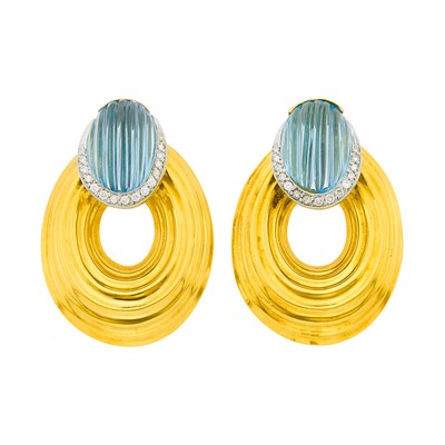 Lot 1033 - Pair of Two-Color Gold, Fluted Blue Topaz and Diamond Door Knocker Pendant-Earclips