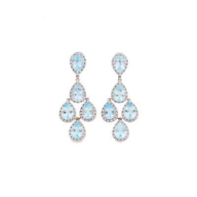 Lot 2153 - Pair of White Gold, Blue Topaz and Diamond Pendant-Earrings