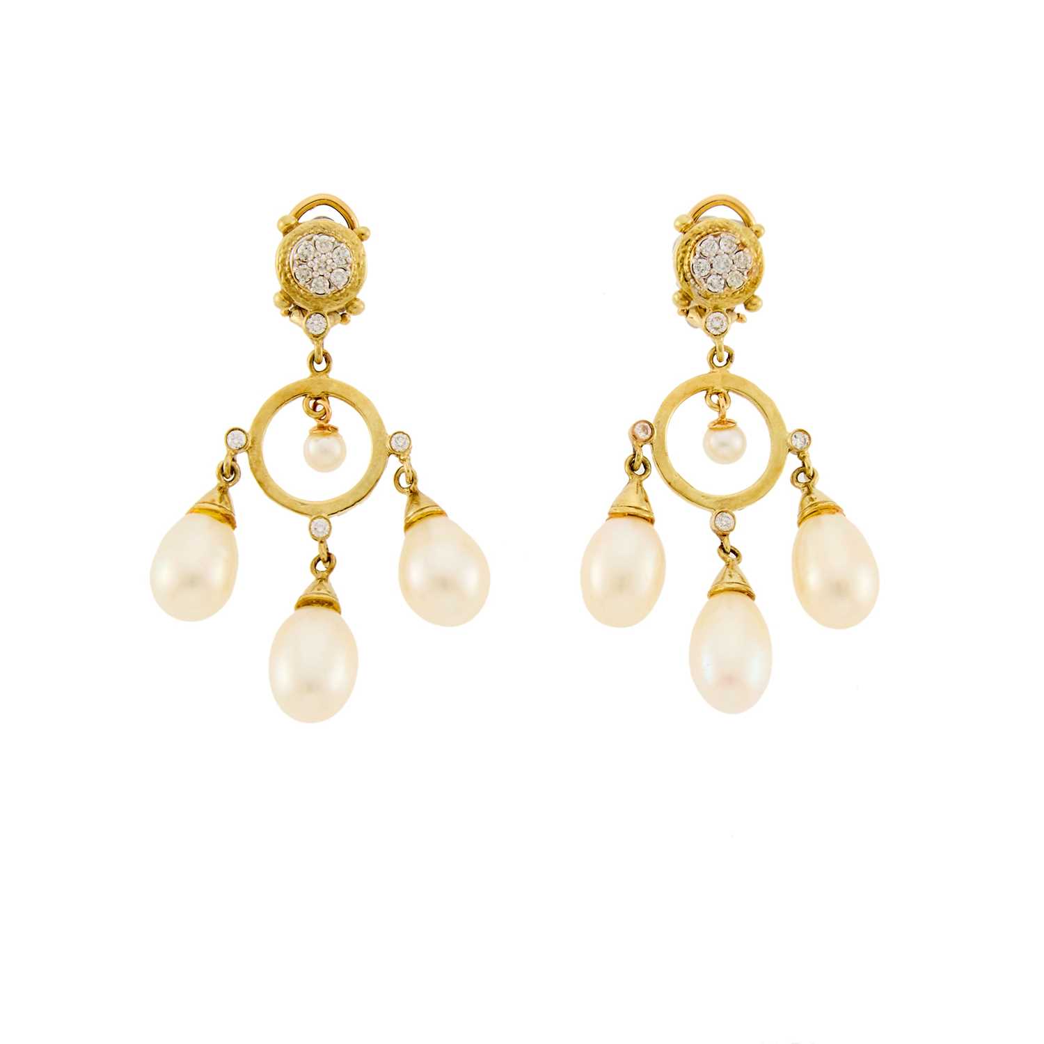 Lot 2267 - Pair of Gold, Freshwater Pearl and Diamond Pendant-Earclips
