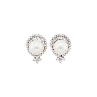 Lot 1108 - Pair of White Gold, Cultured Pearl and Diamond Earclips