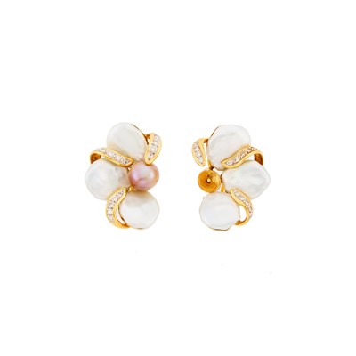 Lot 2042 - Kai Yin Lo Pair of Gold, Multicolored Baroque Freshwater Pearl and Diamond Earclips