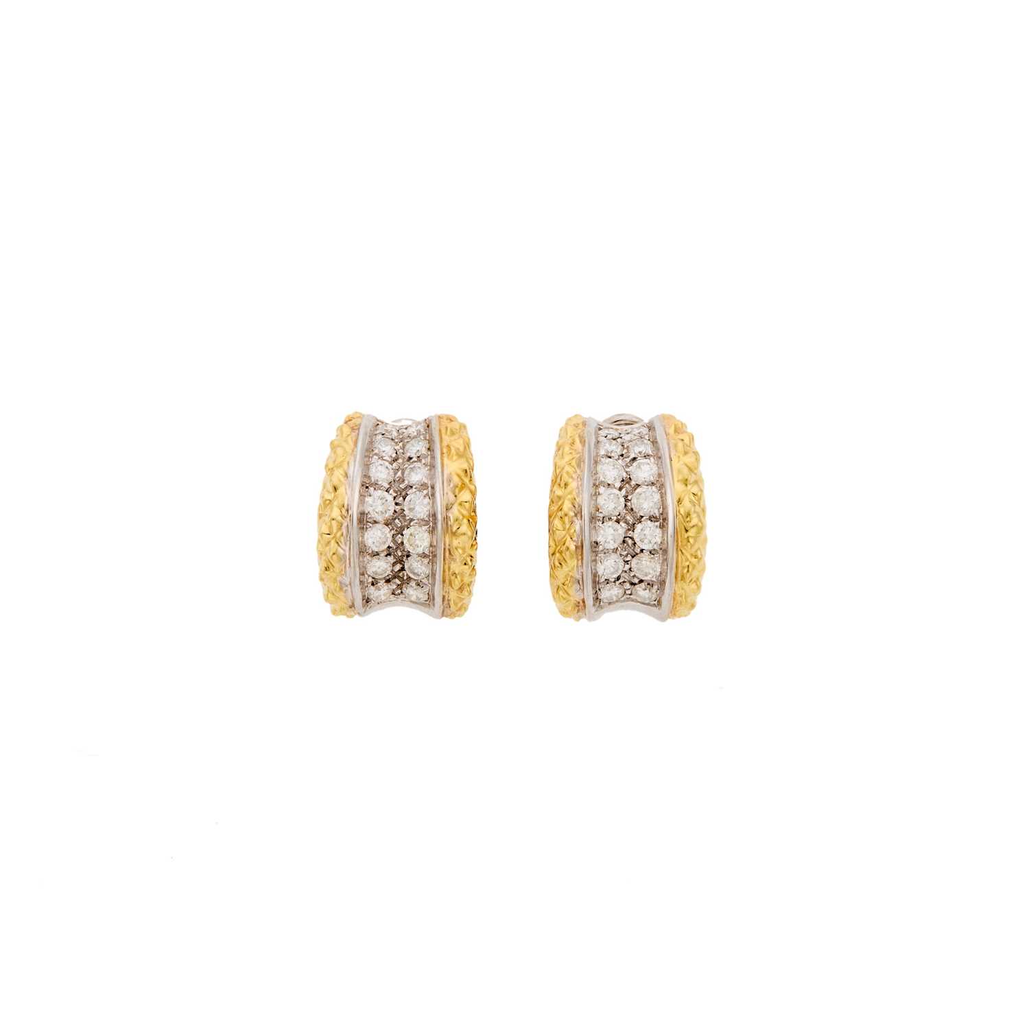 Lot 2259 - Pair of Two-Color Gold and Diamond Earrings