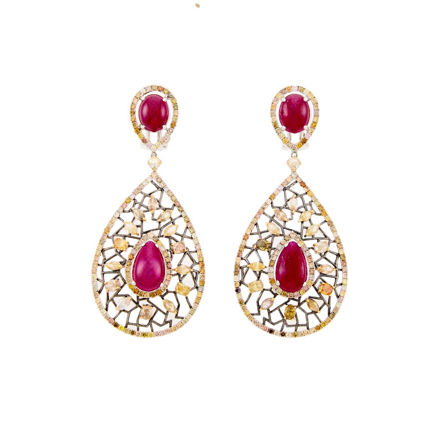 Lot 2232 - Pair of Two-Color Gold, Colored Diamond and Cabochon Ruby Pendant-Earrings