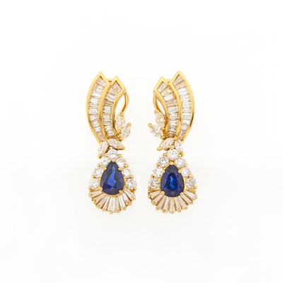 Lot 2098 - Pair of Gold, Sapphire and Diamond Pendant-Earrings