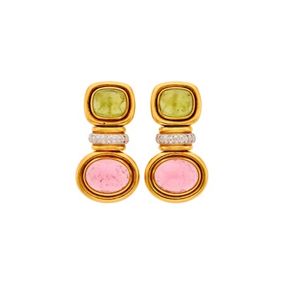 Lot 2065 - Pair of Gold, Cabochon Green and Pink Tourmaline and Diamond Pendant-Earrings
