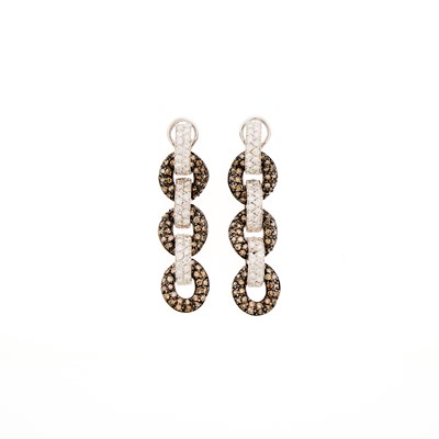 Lot 2147 - Pair of Two-Color Gold, Colored Diamond and Diamond Pendant-Earrings