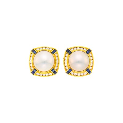 Lot 1172 - Tiffany & Co. Pair of Gold, Mabé Pearl, Diamond and Sapphire Earclips