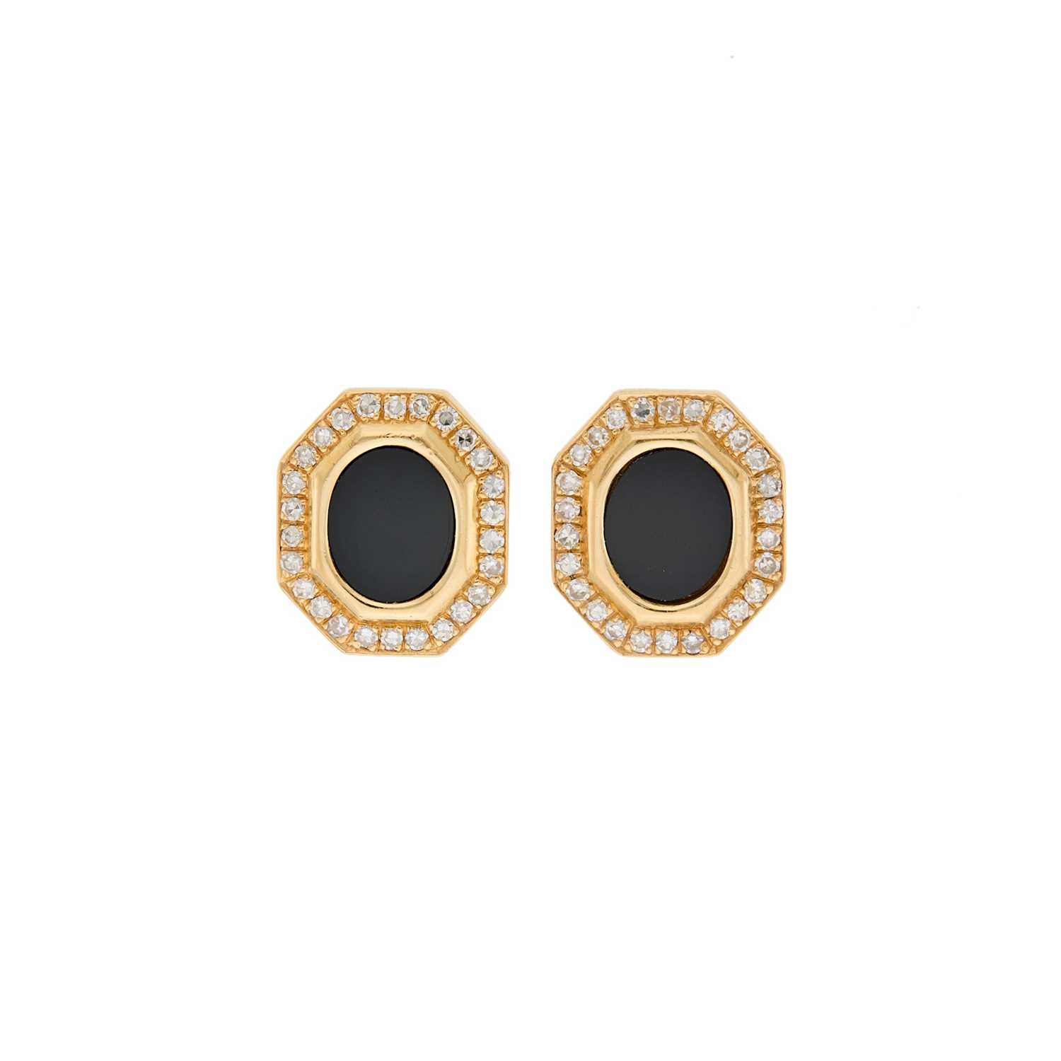 Lot 2238 - Pair of Gold, Black Onyx and Diamond Earclips