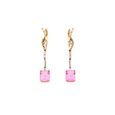 Lot 2093 - Pair of Two-Color Gold, Synthetic Pink Stone and Diamond Pendant-Earrings
