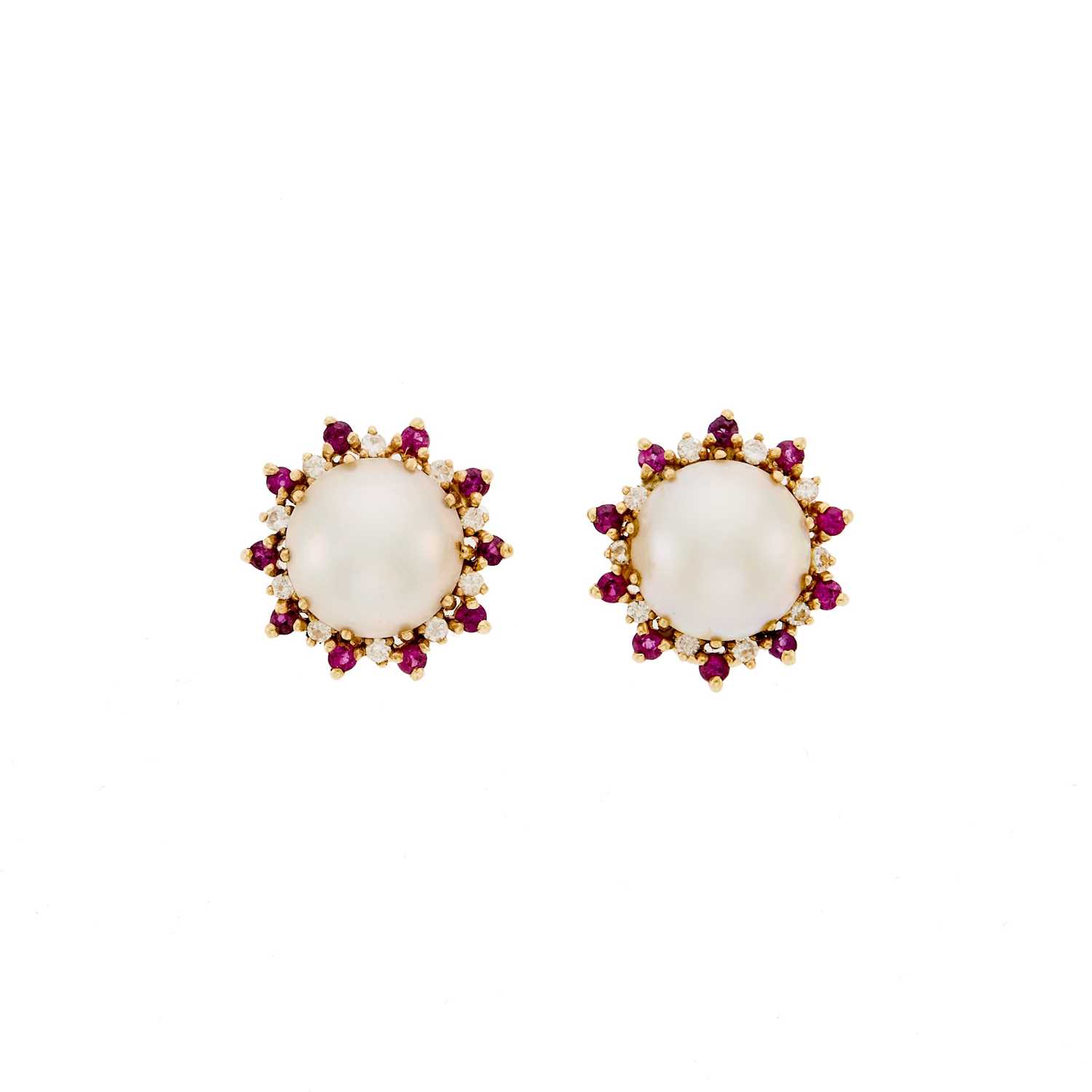 Lot 2214 - Pair of Gold, Mabé Pearl, Ruby and Diamond Earrings