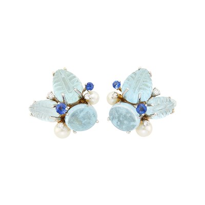 Lot 1118 - Seaman Schepps Pair of Gold, Aquamarine, Sapphire, Diamond and Cultured Pearl Cluster Earclips