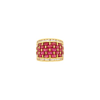 Lot 1152 - Wide Gold, Ruby and Diamond Band Ring