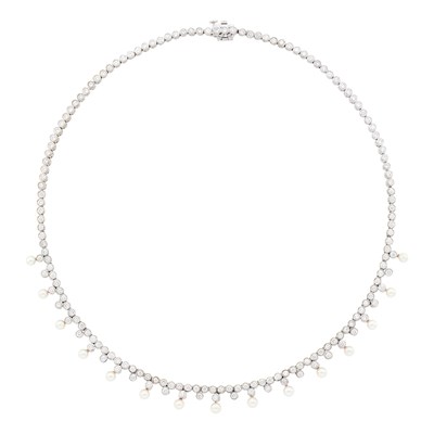 Lot 1107 - White Gold, Platinum, Cultured Pearl and Diamond Necklace