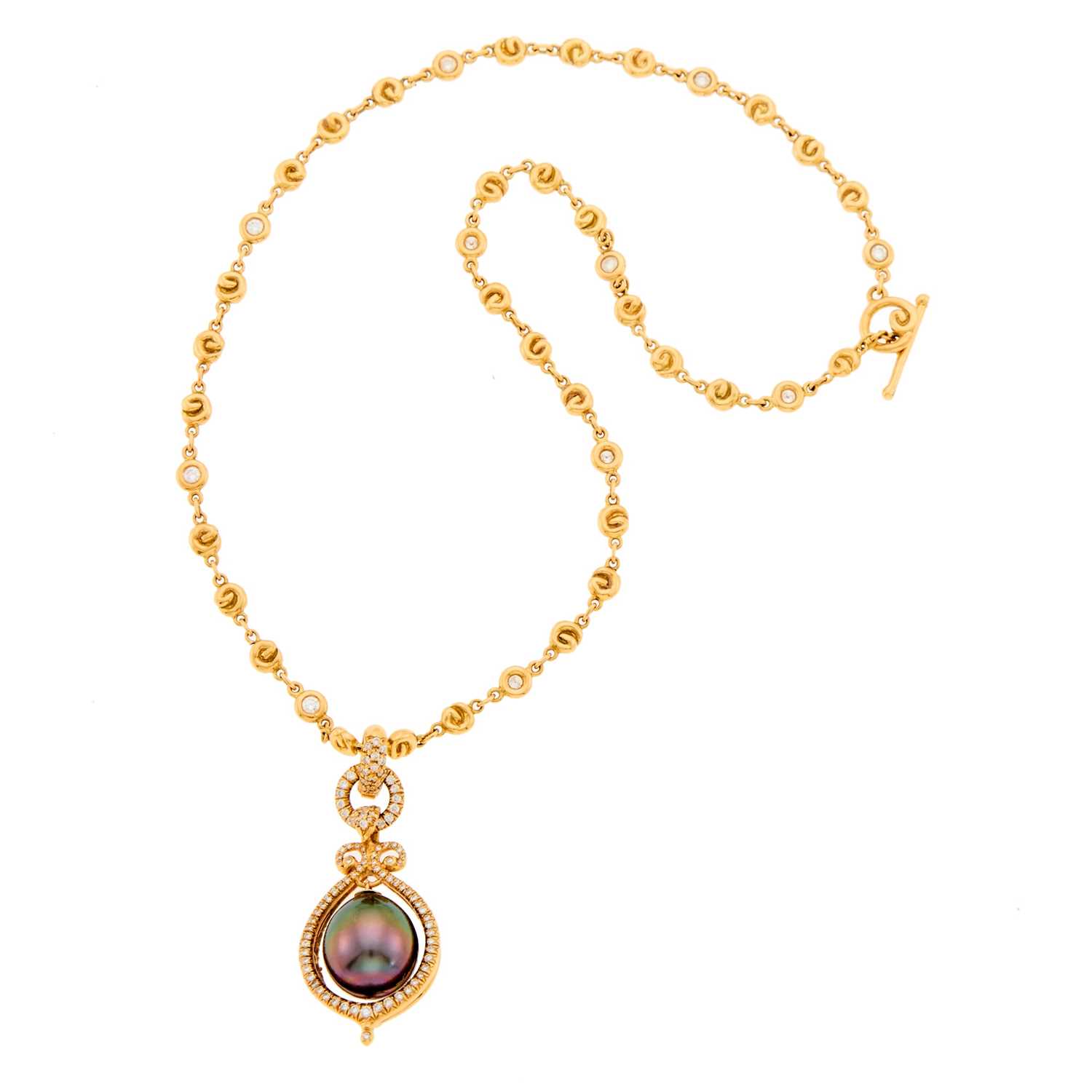 Lot 2282 - Gold, Tahitian Black Cultured Pearl and Diamond Enhancer Pendant-Necklace with Toggle Clasp
