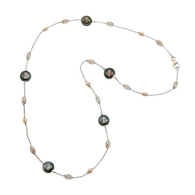 Lot 2134 - Two-Color Gold, Tahitian Gray Cultured Pearl and Diamond Chain Necklace
