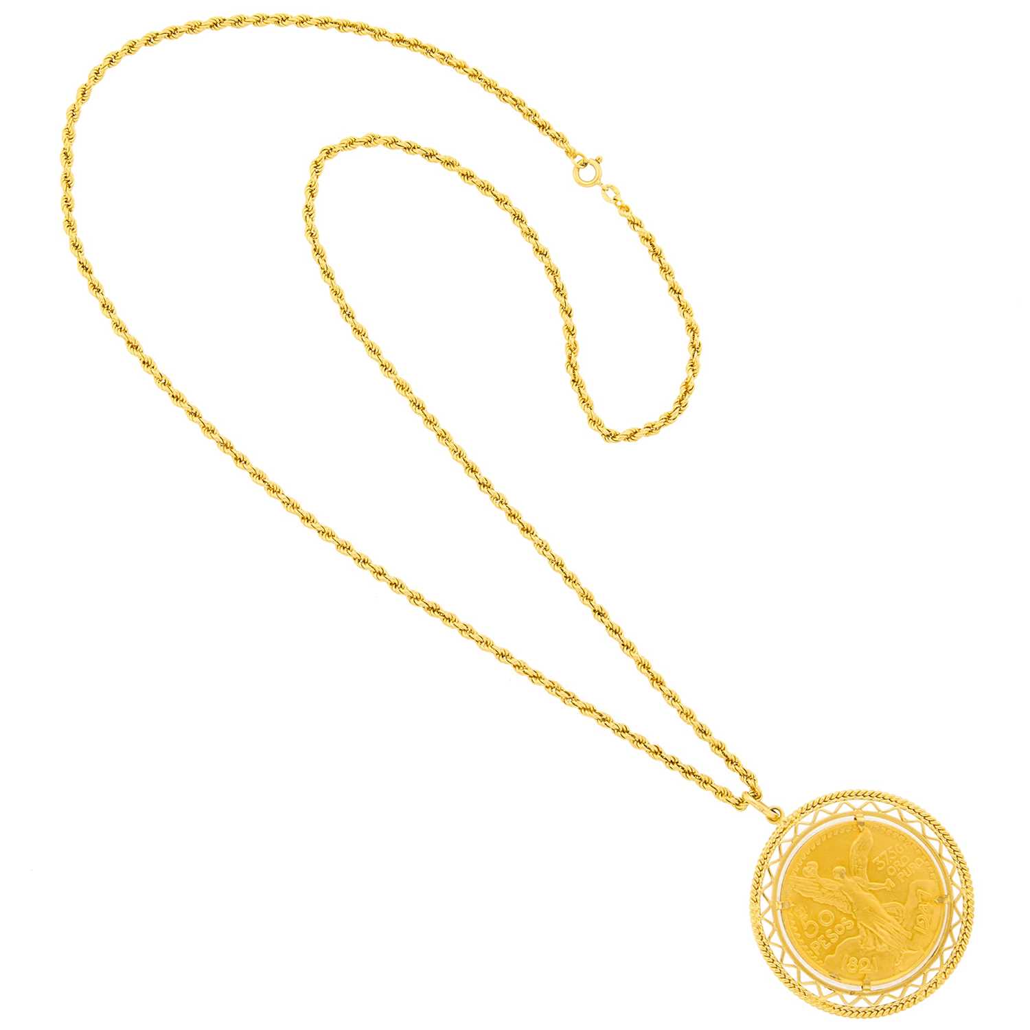 Lot 2242 - Gold and Mexican Fifty Pesos Coin Medallion Pendant with Long Rope-Twist Gold Chain Necklace