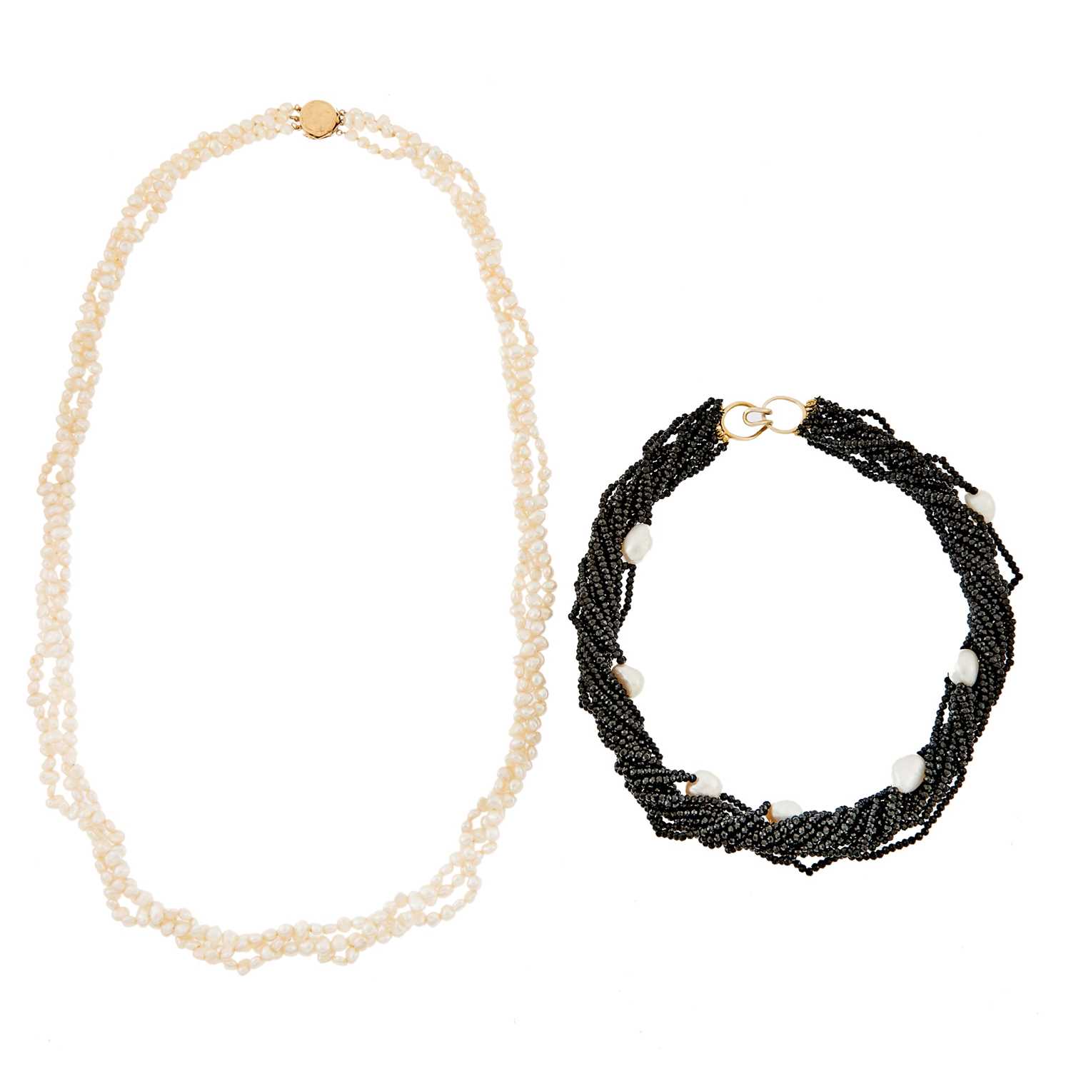 Lot 2330 - Multistrand Black Onyx Bead and Baroque Freshwater Pearl Necklace with Gilt-Metal Clasp and Freshwater Pearl Necklace with Gold Clasp