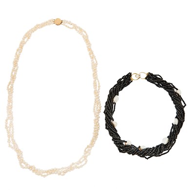 Lot 2330 - Multistrand Black Onyx Bead and Baroque Freshwater Pearl Necklace with Gilt-Metal Clasp and Freshwater Pearl Necklace with Gold Clasp