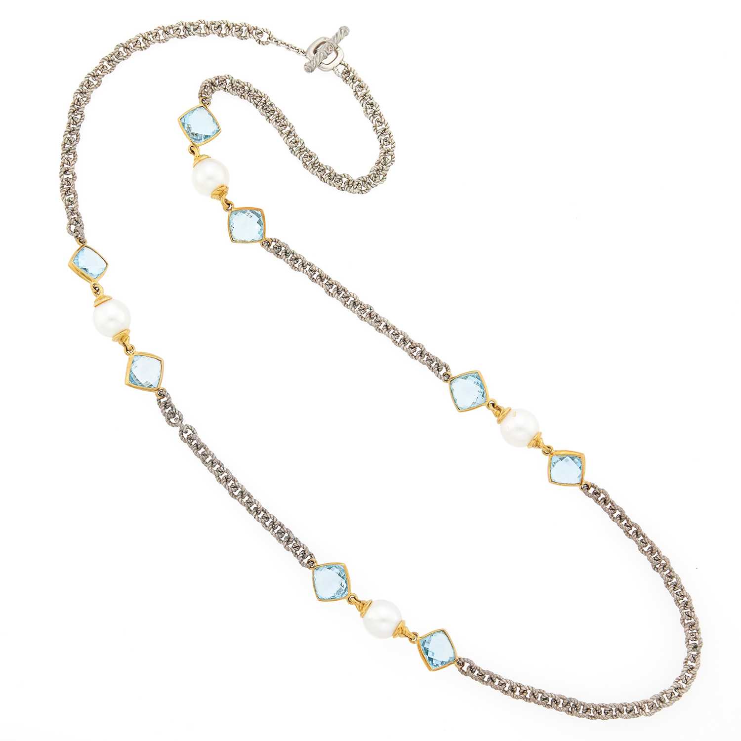 Lot 2290 - David Yurman Long Sterling Silver, Gold, Blue Topaz and Cultured Pearl Chain Necklace with Toggle Clasp