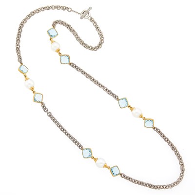 Lot 2290 - David Yurman Long Sterling Silver, Gold, Blue Topaz and Cultured Pearl Chain Necklace with Toggle Clasp