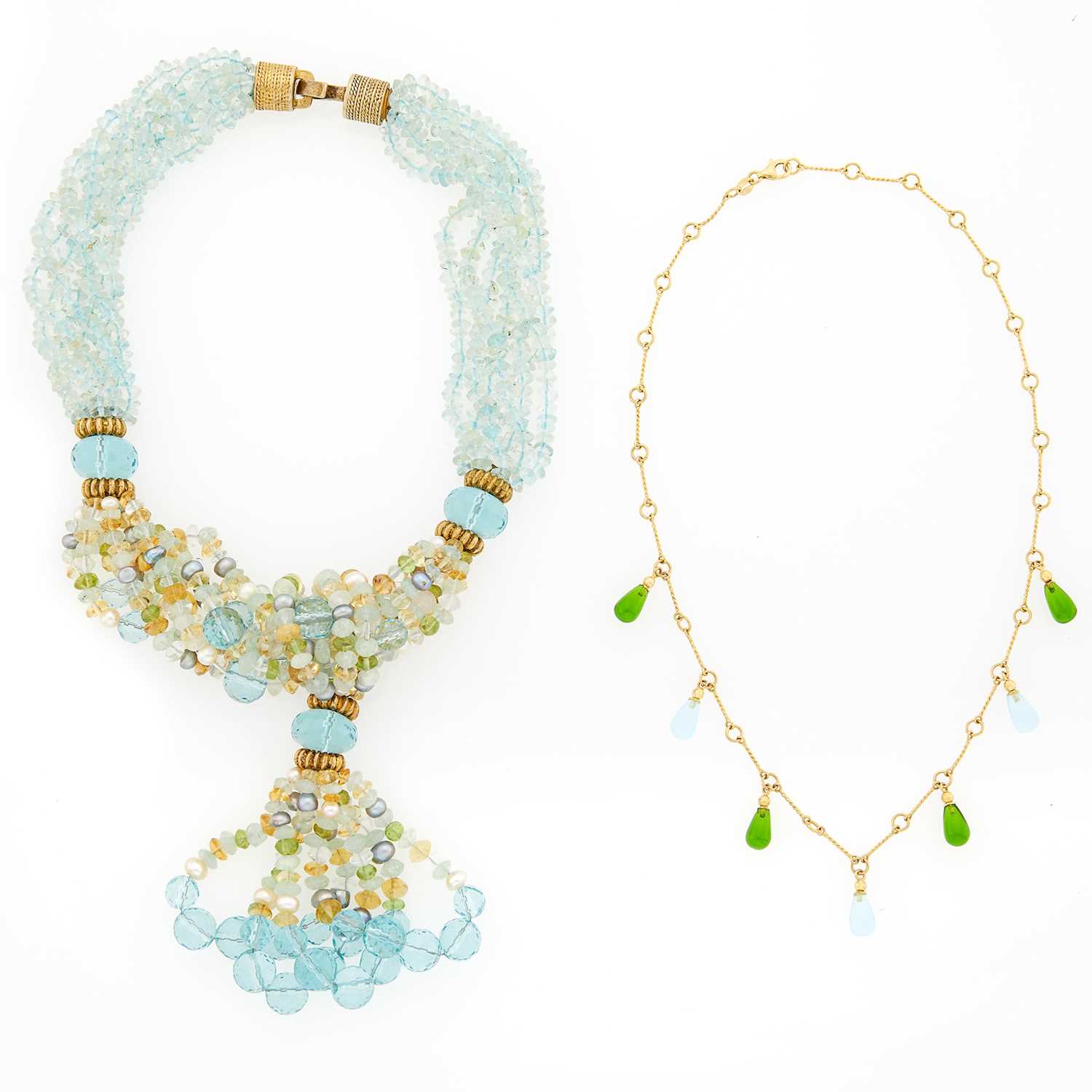 Lot 2268 - Multistrand Blue Topaz, Freshwater Pearl, Peridot, Quartz and Silver-Gilt Bead Tassel Necklace and Gold and Blue and Green Stone Chain Necklace