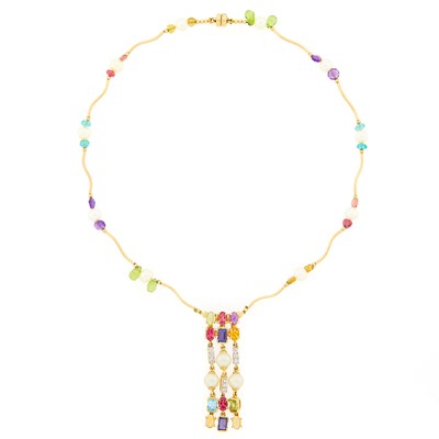 Lot 2058 - Gold, Cultured and Freshwater Pearl and Multicolored Stone Fringe Necklace with Magnetic Clasp
