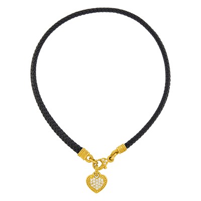 Lot 1201 - Judith Ripka Gold, Diamond and Braided Leather Cord Heart Pendant-Necklace