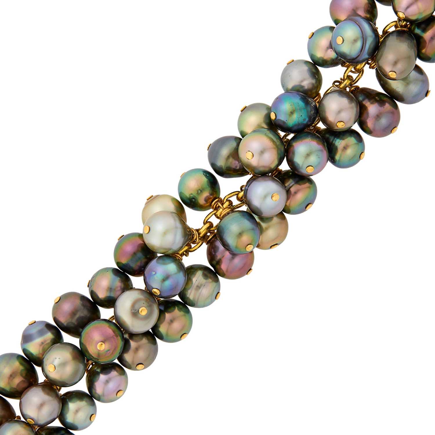 Lot 2256 - Gold and Multicolored Semi-Baroque Tahitian Gray Cultured Pearl Fringe Bracelet