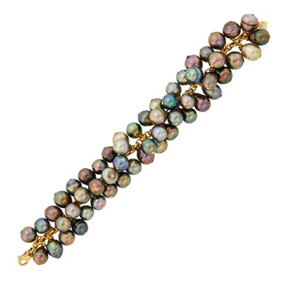 Lot 2256 - Gold and Multicolored Semi-Baroque Tahitian Gray Cultured Pearl Fringe Bracelet