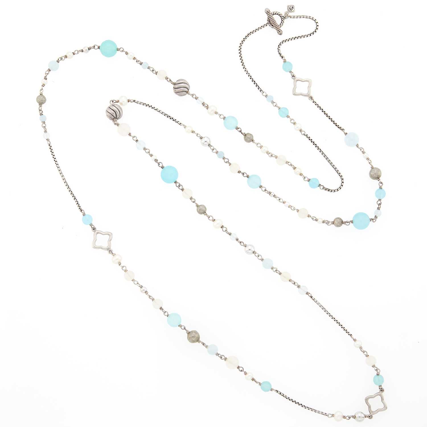 Lot 2294 - David Yurman Long Sterling Silver, Freshwater Pearl, Moonstone and Chalcedony Bead Necklace with Toggle Clasp