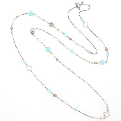 Lot 2294 - David Yurman Long Sterling Silver, Freshwater Pearl, Moonstone and Chalcedony Bead Necklace with Toggle Clasp