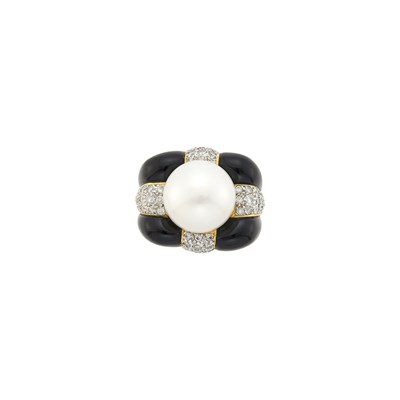 Lot 1181 - Two-Color Gold, South Sea Cultured Pearl, Black Onyx and Diamond Ring