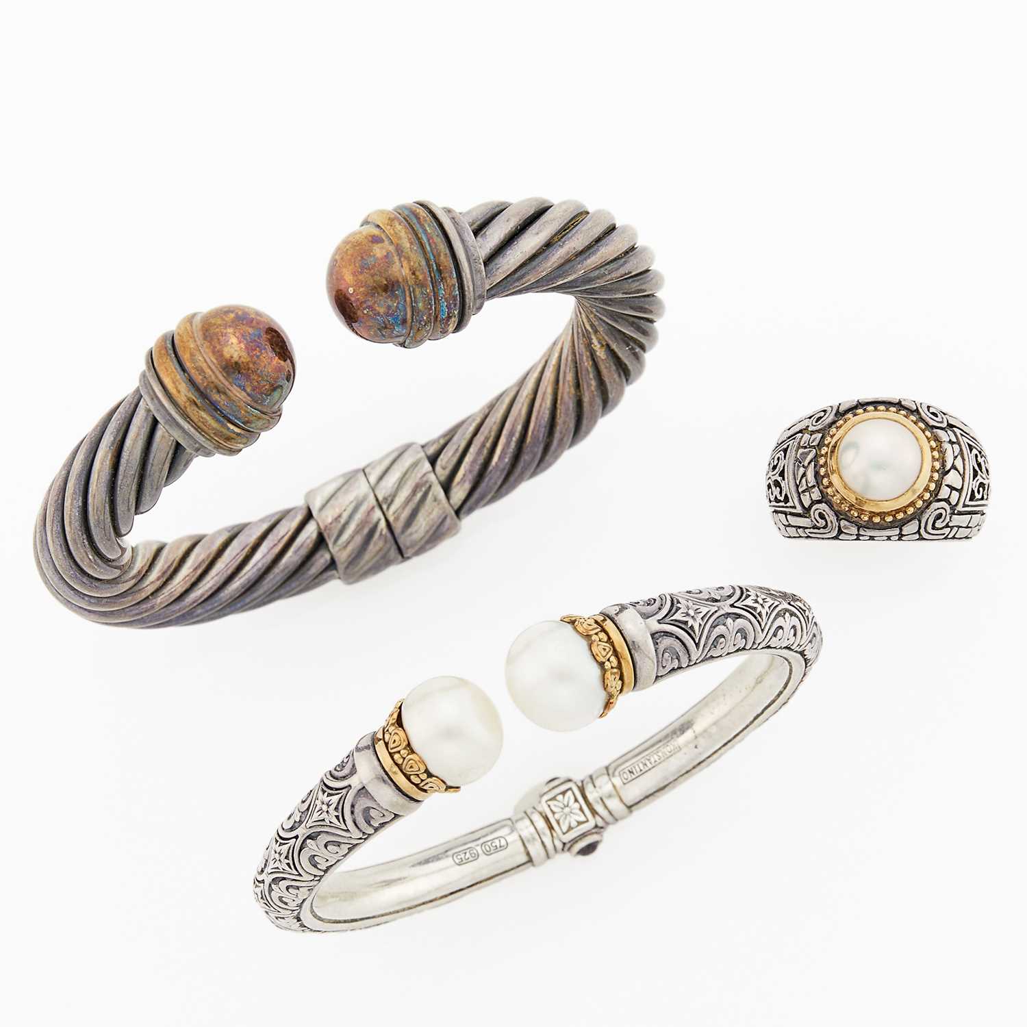 Lot 2288 - Sterling Silver, Mabé Pearl and Gold Ring, David Yurman Sterling Silver and Gold Bangle Bracelet and Konstantino Sterling Silver, Freshwater Pearl and Gold Bangle Bracelet