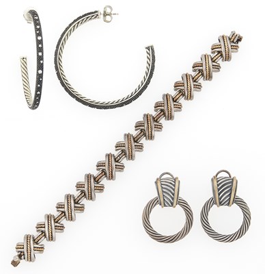 Lot 2291 - David Yurman Pair of Silver and Diamond Hoop 'Midnight Melange' Earrings and Pair of Doorknocker Pendant-Earrings and Tiffany & Co. Bracelet