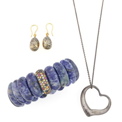 Lot 2292 - Tiffany & Co., Elsa Peretti Silver Heart Pendant with Chain Necklace, Matthew Campbell Laurenza Sodalite, Silver and Colored Stone Bracelet and Pair of Gold, Silver and Diamond Pendant-Earrings