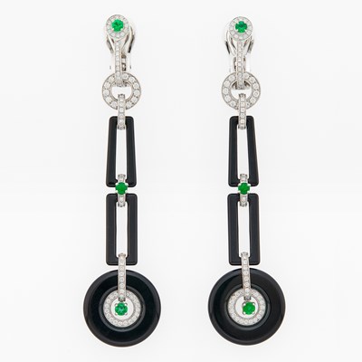Lot 2136 - Ralph Lauren Pair of White Gold, Black Onyx, Diamond and Emerald Pendant-Earrings