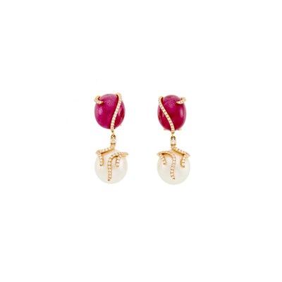 Lot 2016 - Pair of Gold, Cabochon Ruby, South Sea Cultured Pearl and Diamond Pendant-Earrings