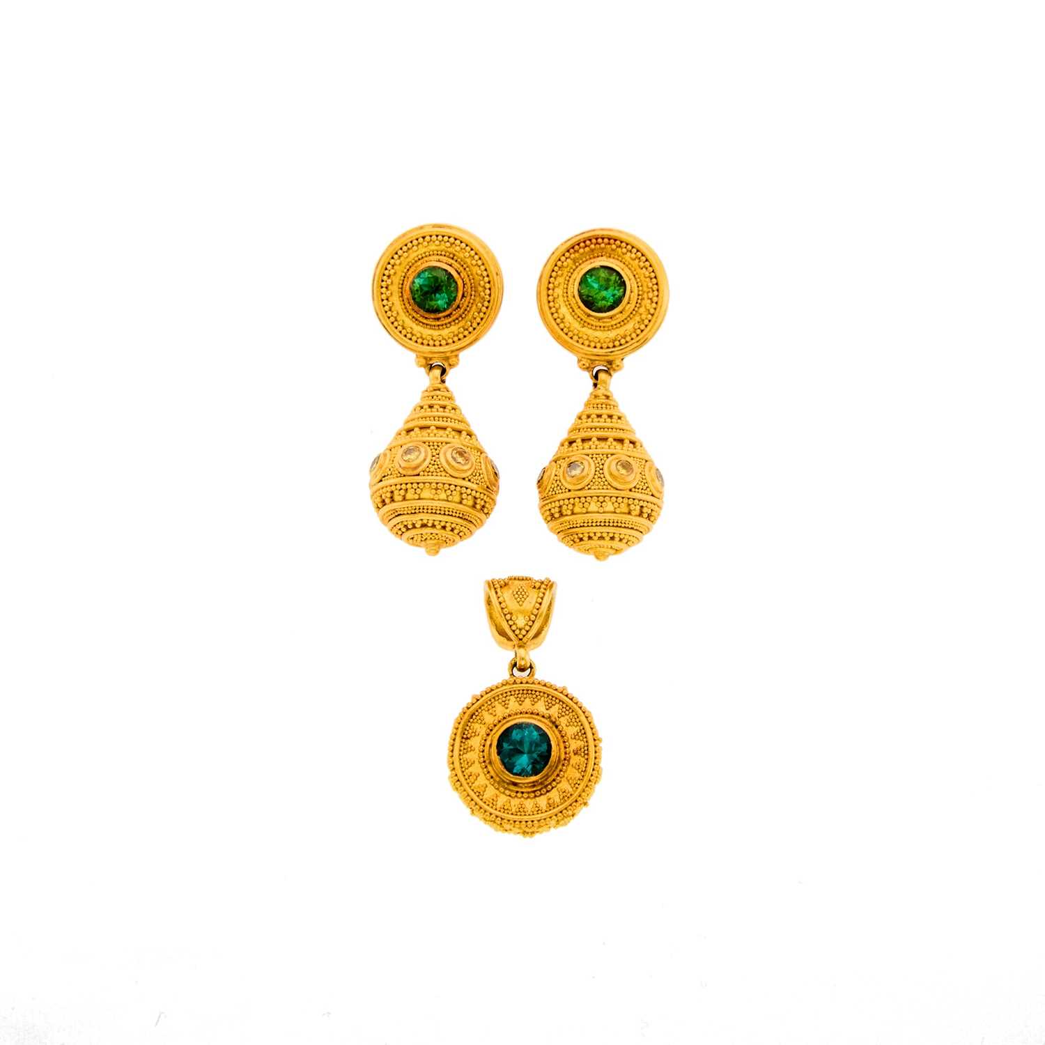 Lot 2229 - Granulated High Karat Gold, Gold and Blue and Green Tourmaline and Colored Diamond Pendant and Pair of Pendant-Earrings