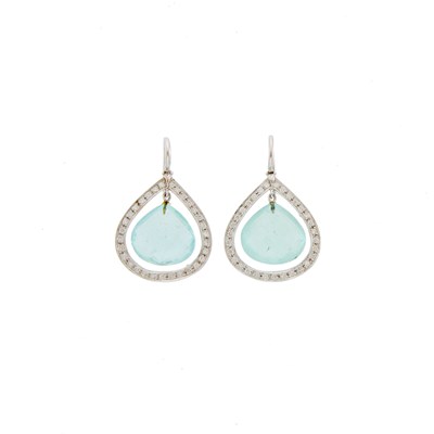 Lot 2151 - Pair of White Gold, Aquamarine and Diamond Pendant-Earrings