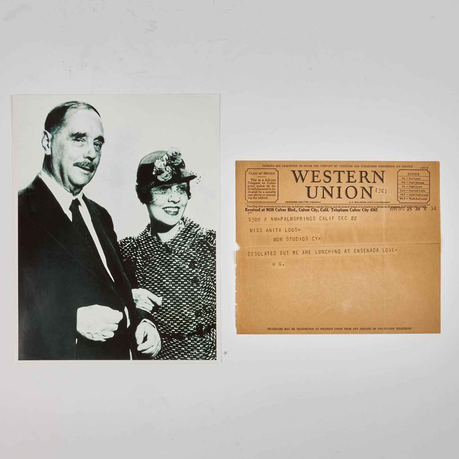 Lot 58 - A great association between H.G. Wells and Anita Loos