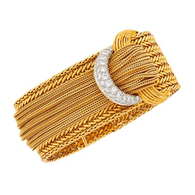 Lot 140 - Wide Gold, Platinum and Diamond Fringe Mesh Bracelet, France