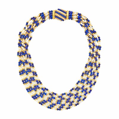 Lot 116 - Tiffany & Co. Multistrand Gold, Cultured Pearl and Lapis Bead Necklace