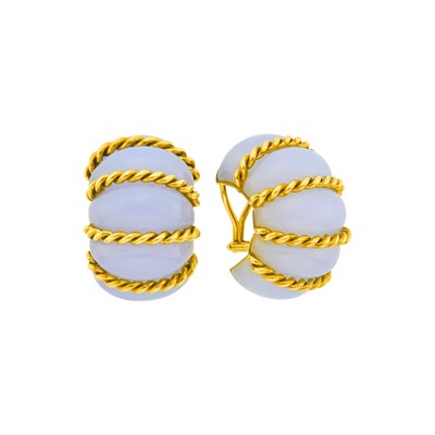 Lot 101 - Seaman Schepps Pair of Gold and Blue Chalcedony 'Shrimp' Earclips