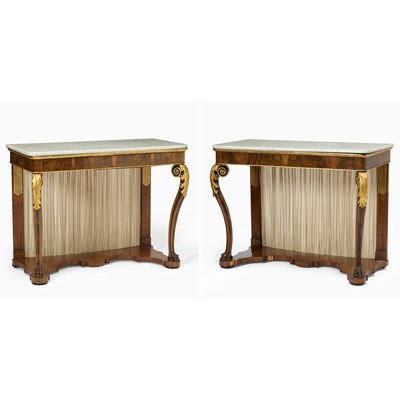 Lot 512 - Pair of Continental Neoclassical Parcel-Gilt Walnut Console Tables