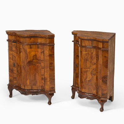 Lot 486 - Pair of Italian Rococo Walnut Corner Cabinets