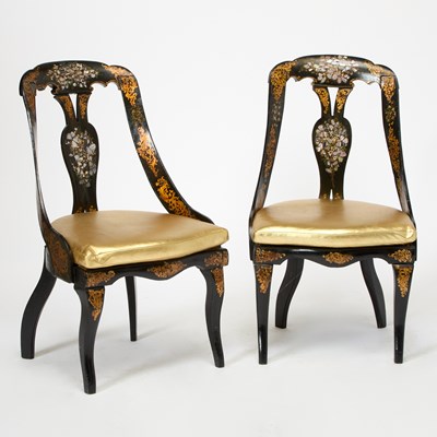 Lot 156 - Pair of Victorian Mother-of-Pearl Inlaid Gilt and Black Lacquer Side Chairs